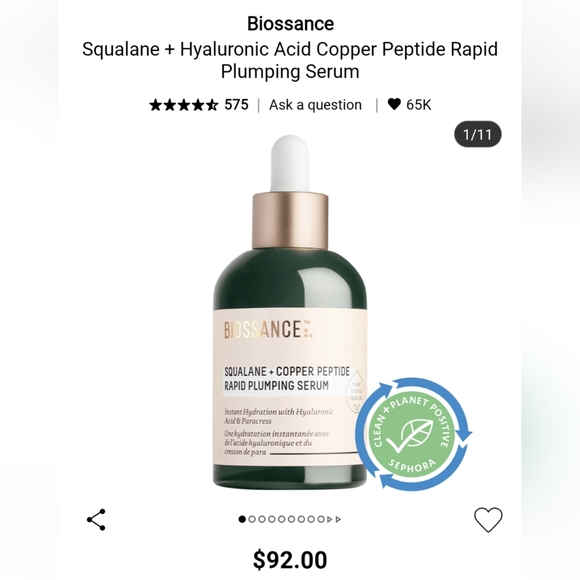 SALE! Biossance Squalane Hyaluronic Acid Copper Peptide Rapid Plumping Serum NIB - Picture 2 of 2